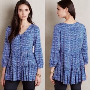 Anthropologie Maeve Lila Tiered Blouse Top Blue White Print Side Pockets